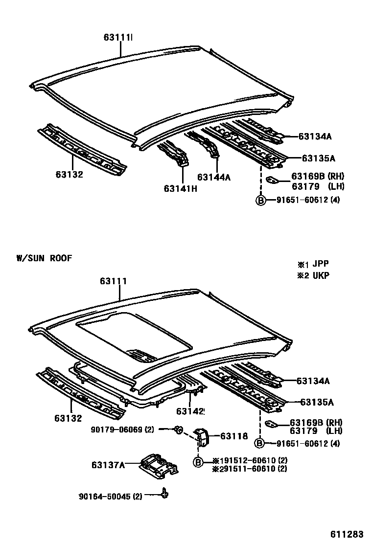 Toyota COROLLA 天窗板和背窗玻璃 EPC diagram — 611283