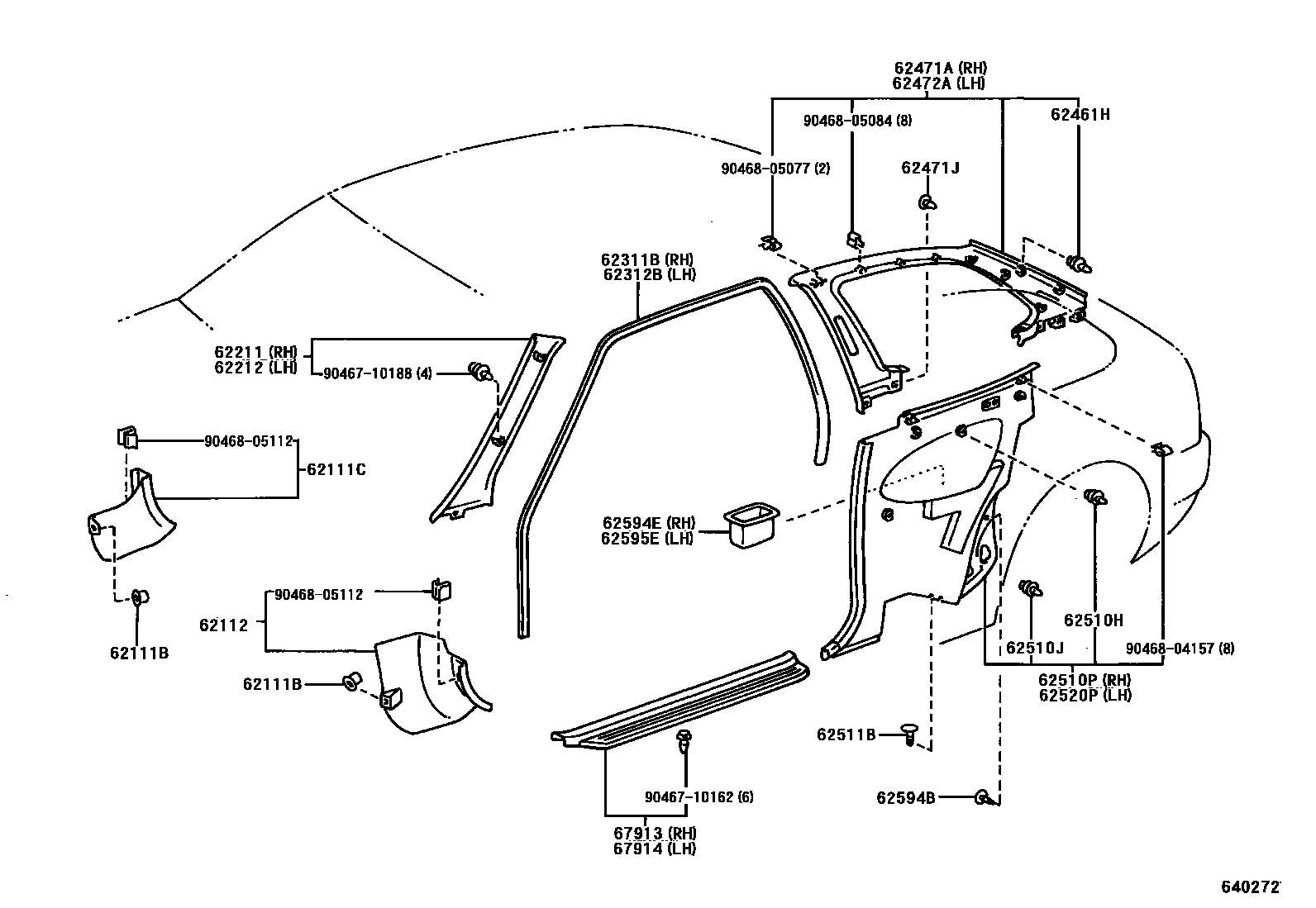 Toyota COROLLA 内饰板和车门防水胶条 EPC diagram — 640272