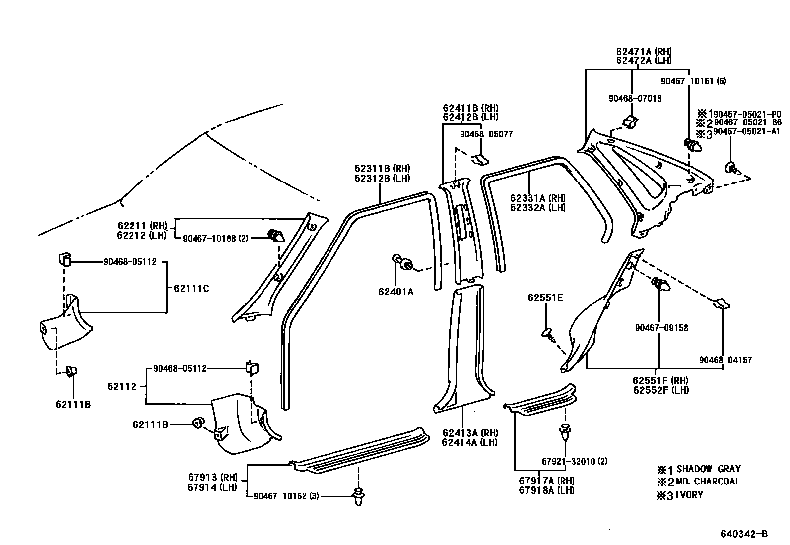 Toyota COROLLA 内饰板和车门防水胶条 EPC diagram — 640342B