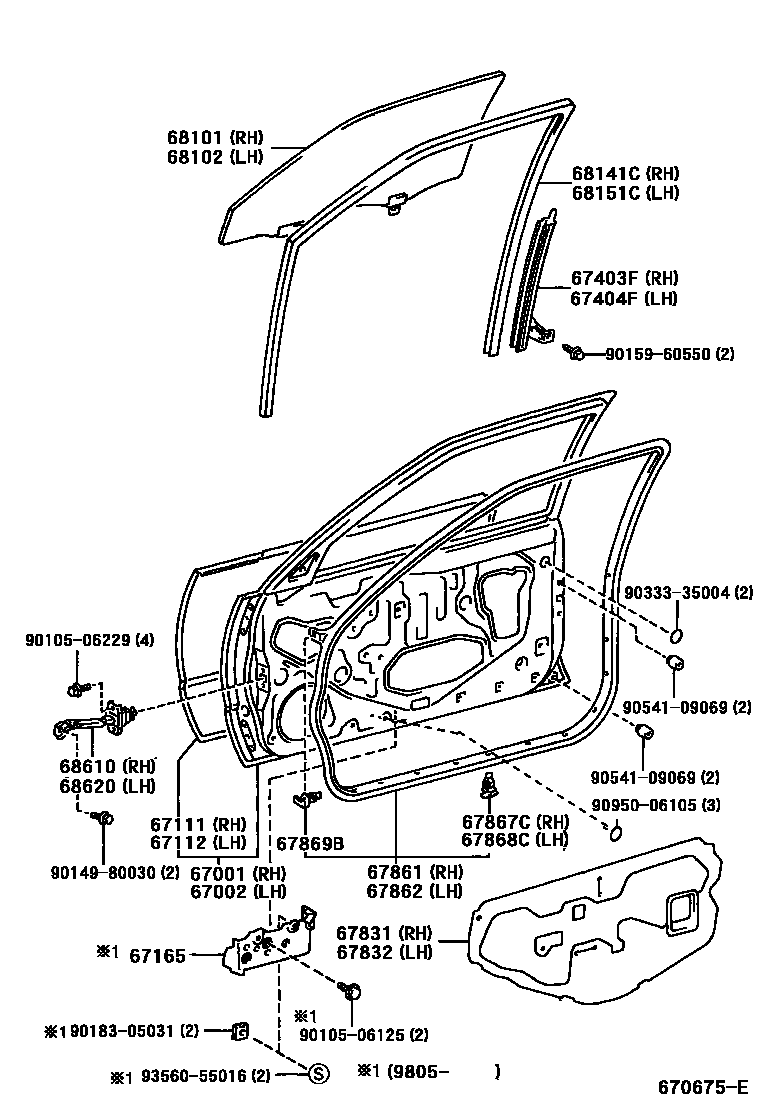 Toyota COROLLA 前门板和前门玻璃 EPC diagram — 670675E