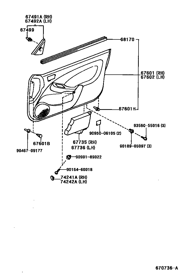 Toyota COROLLA 前门板和前门玻璃 EPC diagram — 670736A