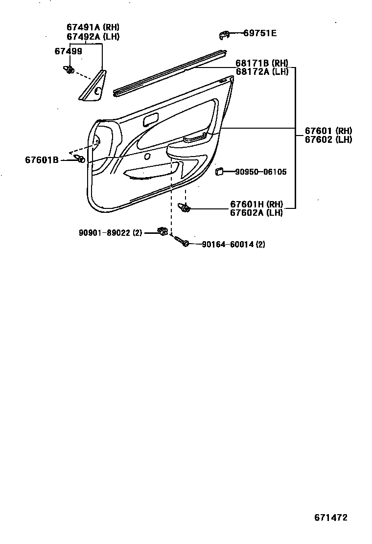 Toyota COROLLA 前门板和前门玻璃 EPC diagram — 671472