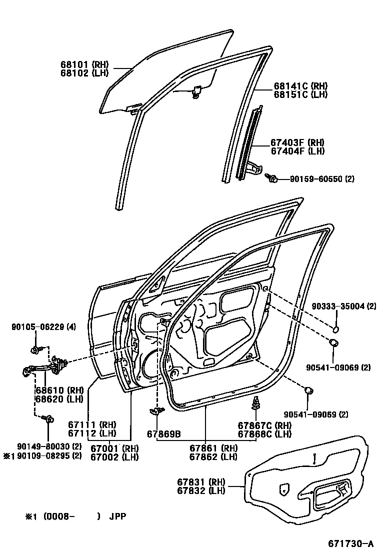 Toyota COROLLA 前门板和前门玻璃 EPC diagram — 671730A