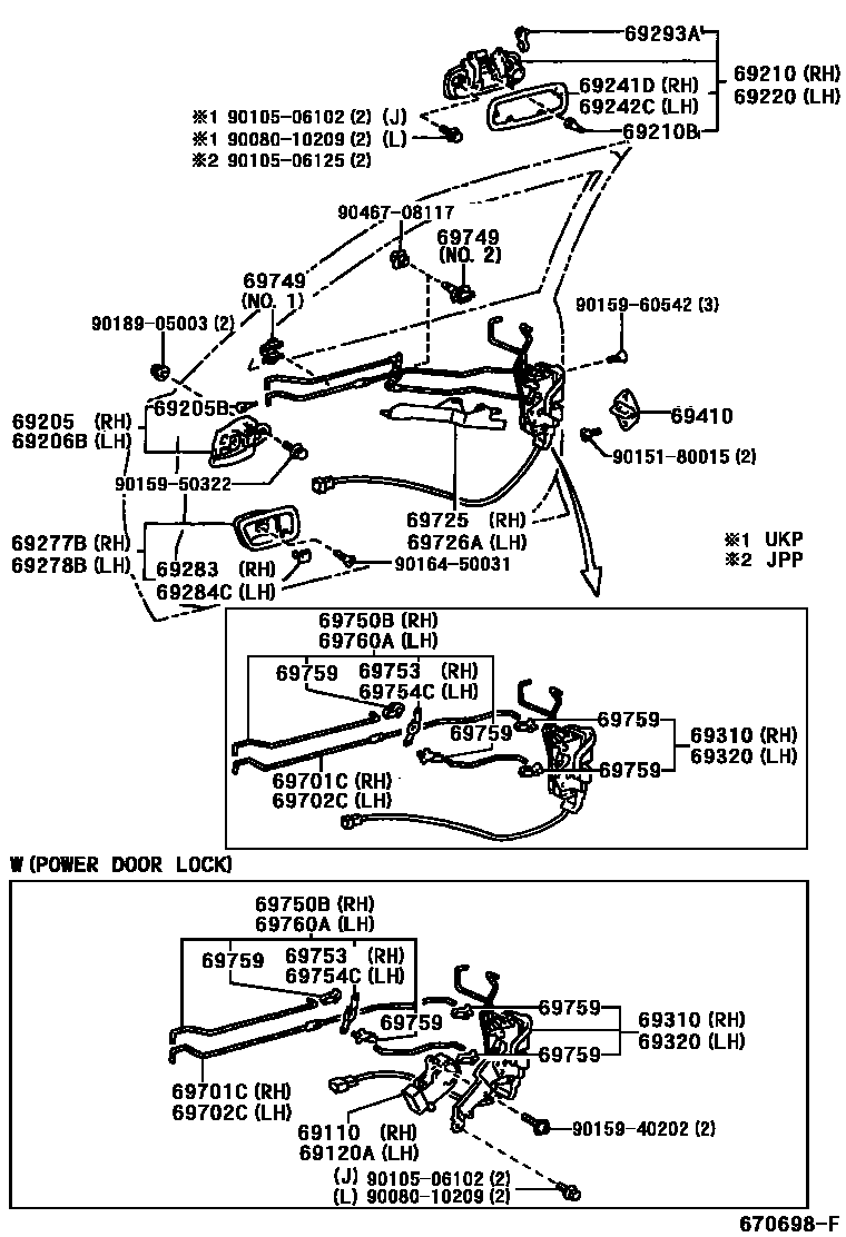 Toyota COROLLA 前门锁和车门把手 EPC diagram — 670698F