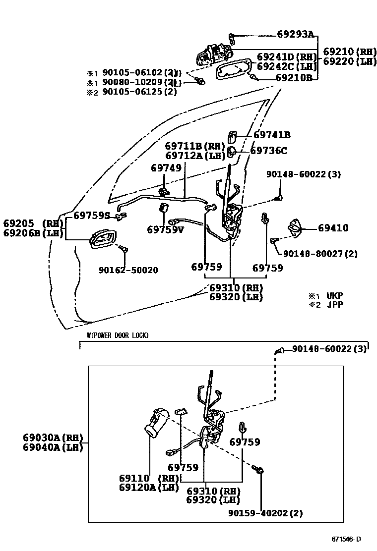 Toyota COROLLA 前门锁和车门把手 EPC diagram — 671546D