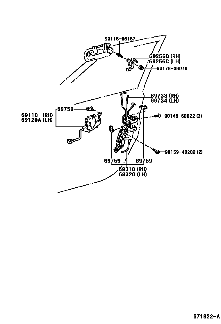 Toyota COROLLA 前门锁和车门把手 EPC diagram — 671822A