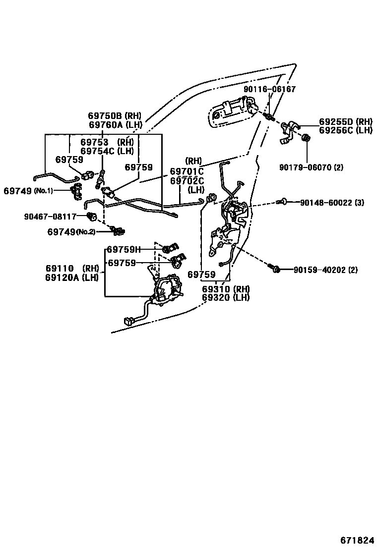 Toyota COROLLA 前门锁和车门把手 EPC diagram — 671824