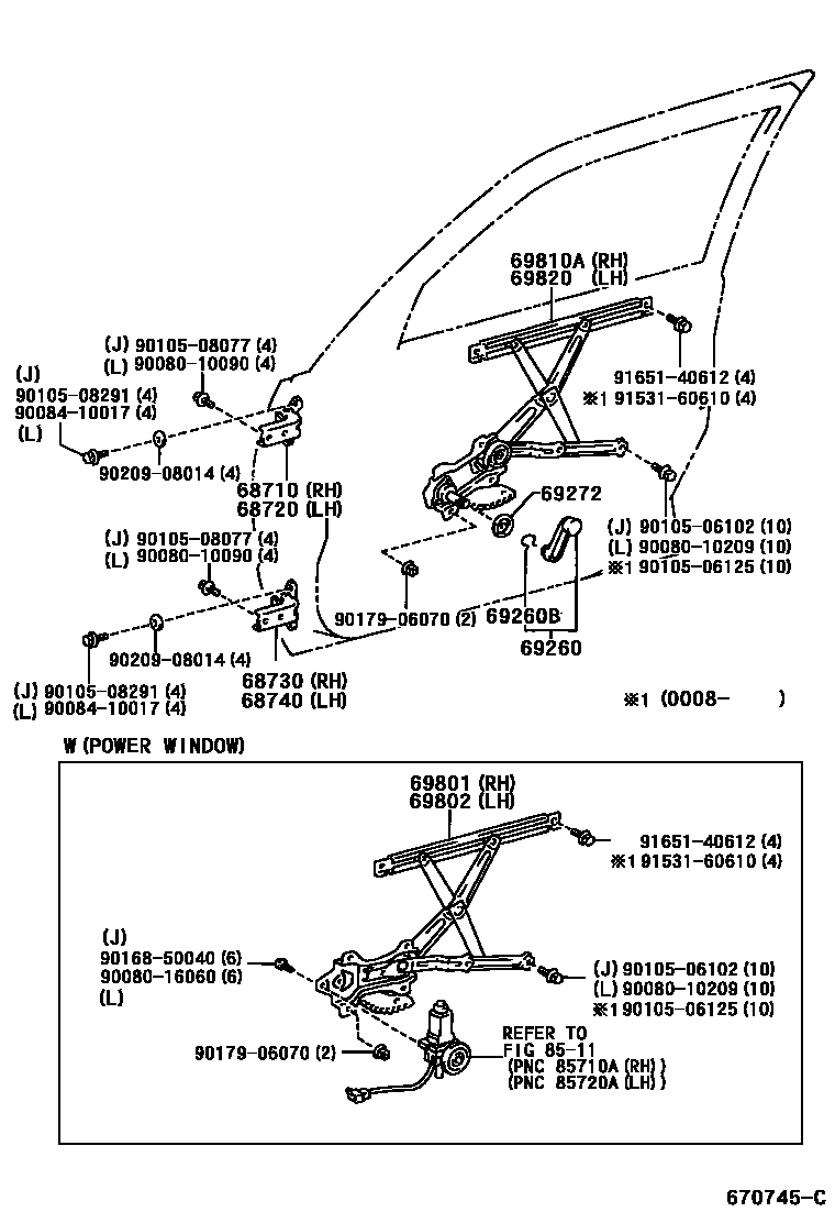 Toyota COROLLA 前门车窗升降器和合页 EPC diagram — 670745C