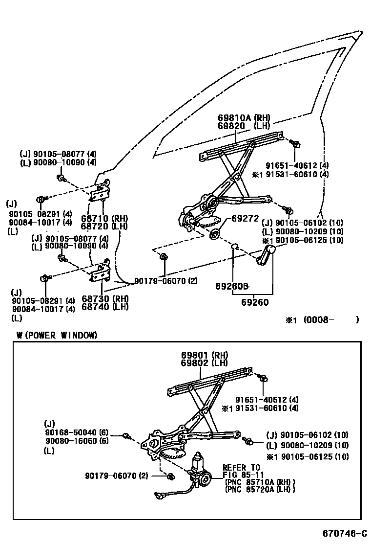 Toyota COROLLA 前门车窗升降器和合页 EPC diagram — 670746C