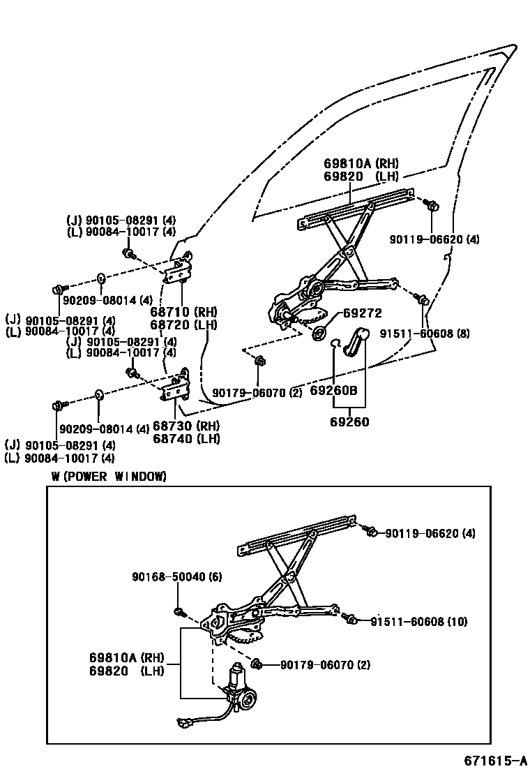 Toyota COROLLA 前门车窗升降器和合页 EPC diagram — 671615A