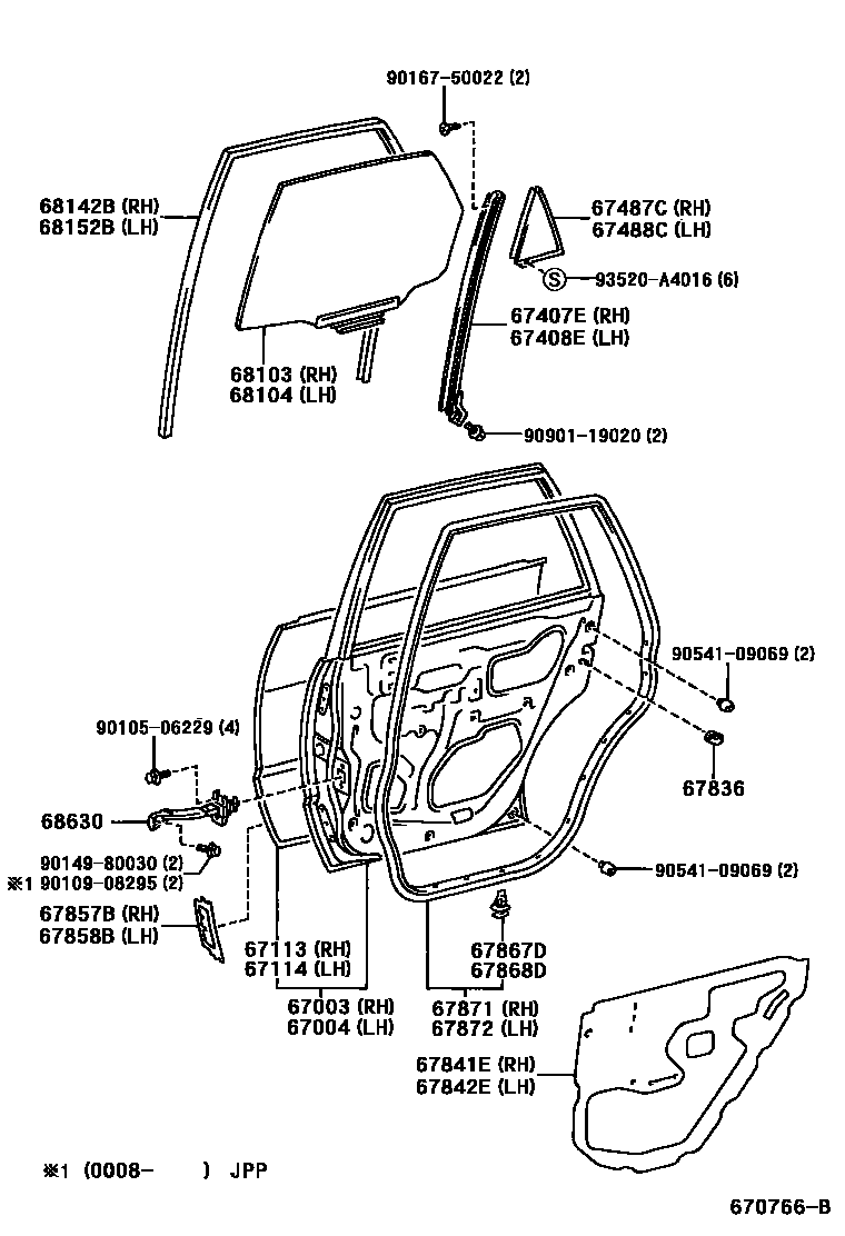 Toyota COROLLA 后门板和后门玻璃 EPC diagram — 670766B