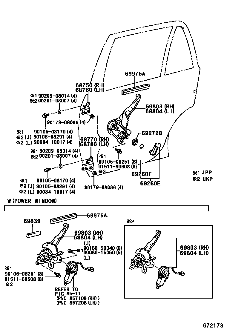 Toyota COROLLA 后门车窗升降器和合页 EPC diagram — 672173