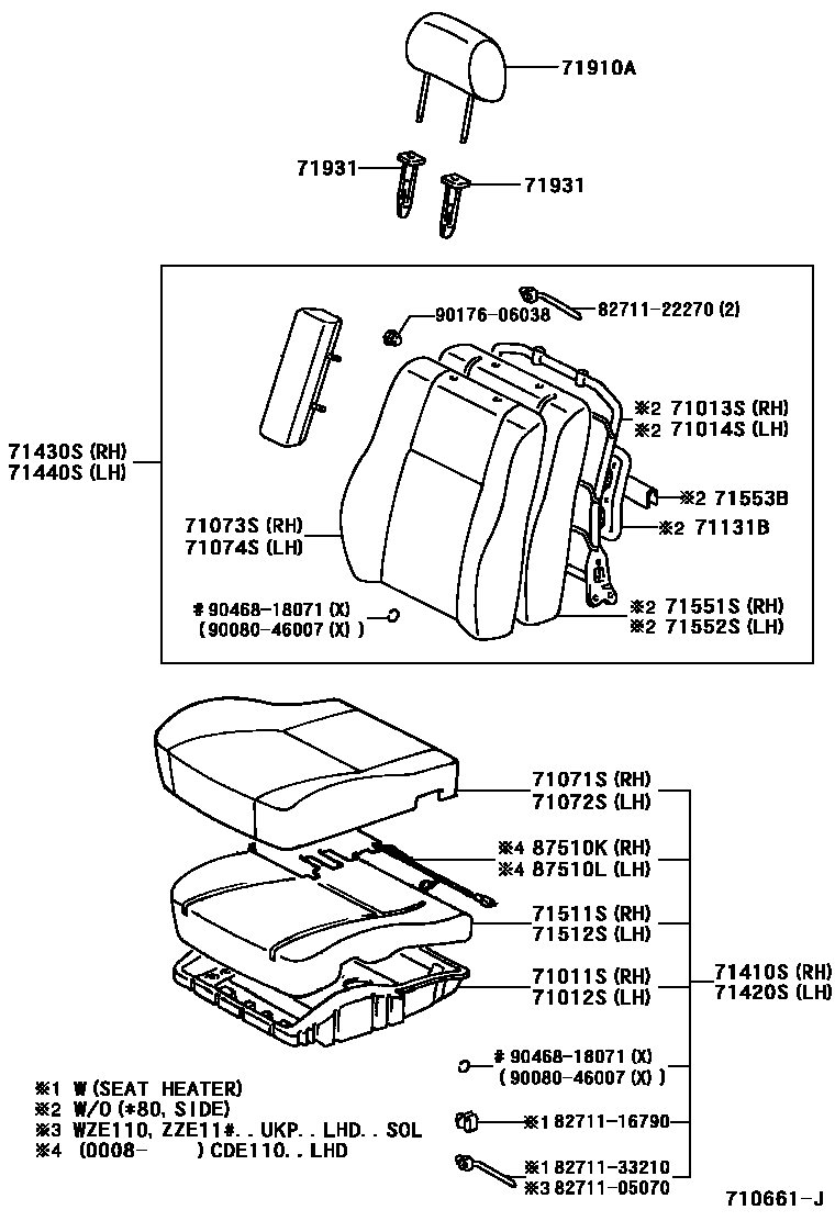 Toyota COROLLA 前排座椅和座椅滑轨 EPC diagram — 710661J