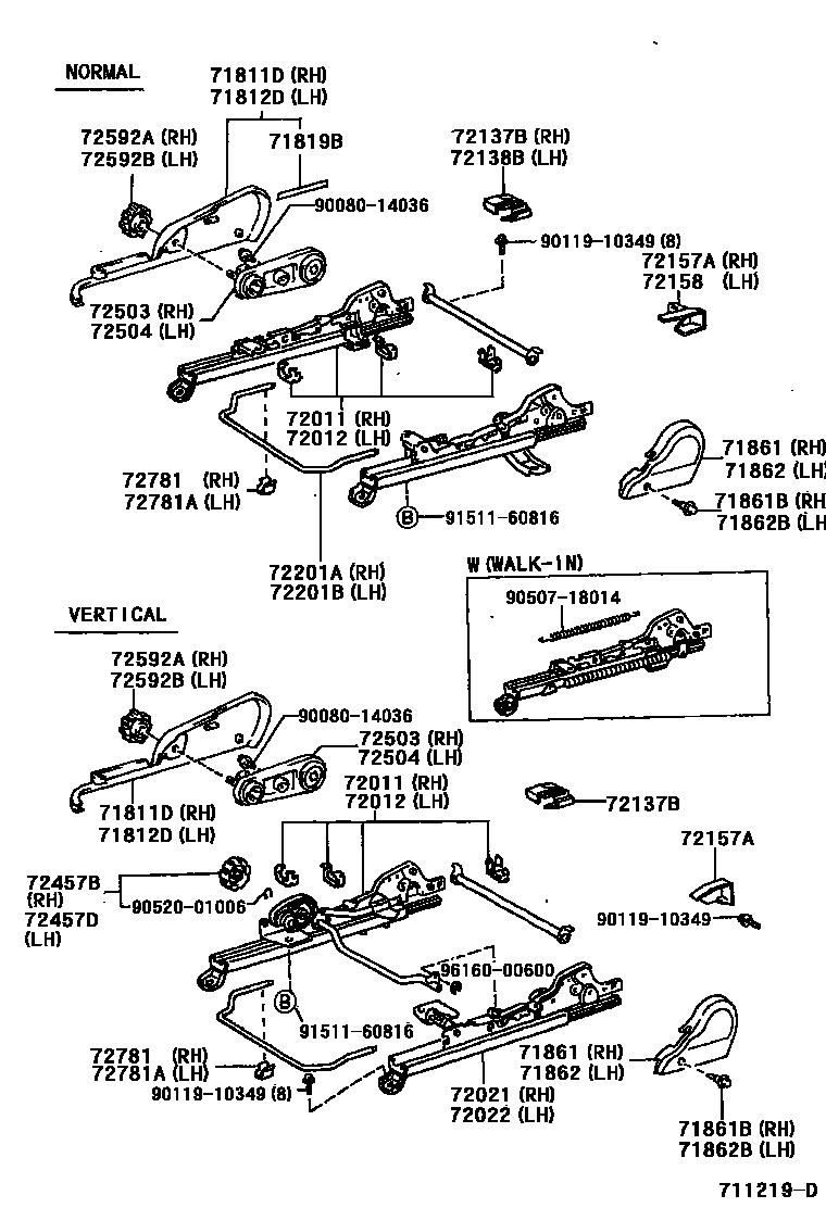 Toyota COROLLA 前排座椅和座椅滑轨 EPC diagram — 711219D