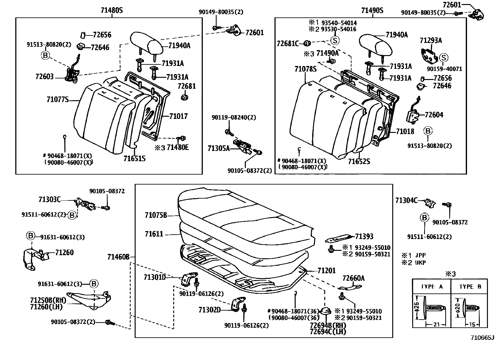 Toyota COROLLA 后排座椅和座椅滑轨 EPC diagram — 710665J
