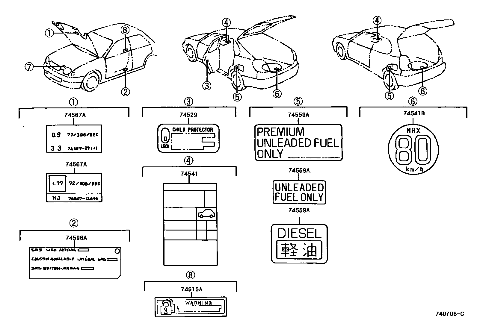 Toyota COROLLA 警示铭牌(车外和车内) EPC diagram — 740706C