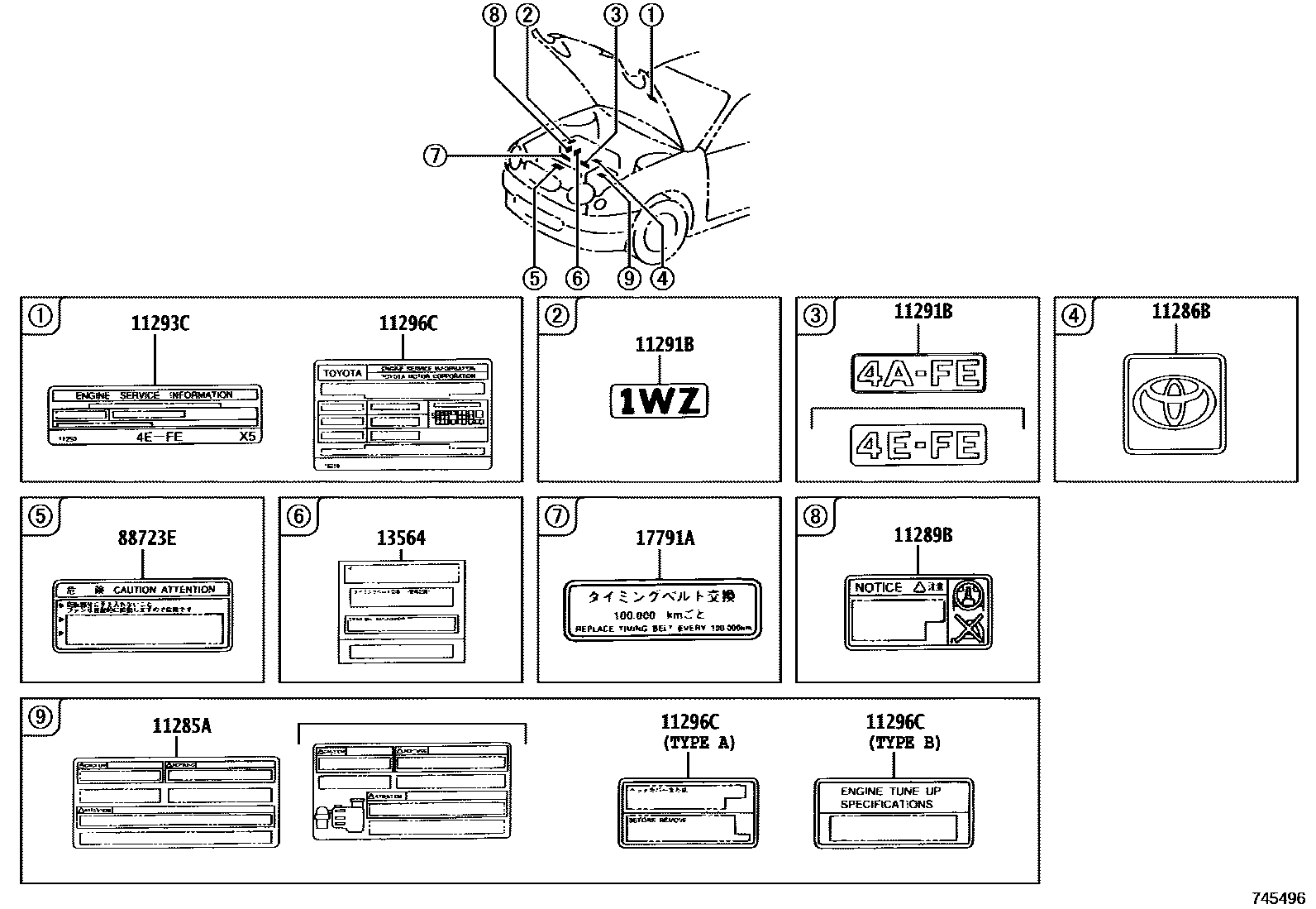 Toyota COROLLA 警示铭牌(车外和车内) EPC diagram — 745496