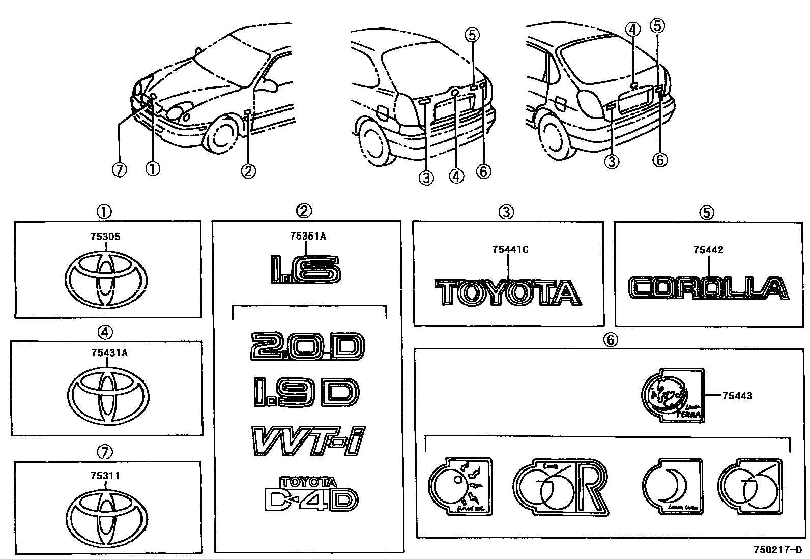 Toyota COROLLA 丰田徽标和铭牌(车外和车内) EPC diagram — 750217D