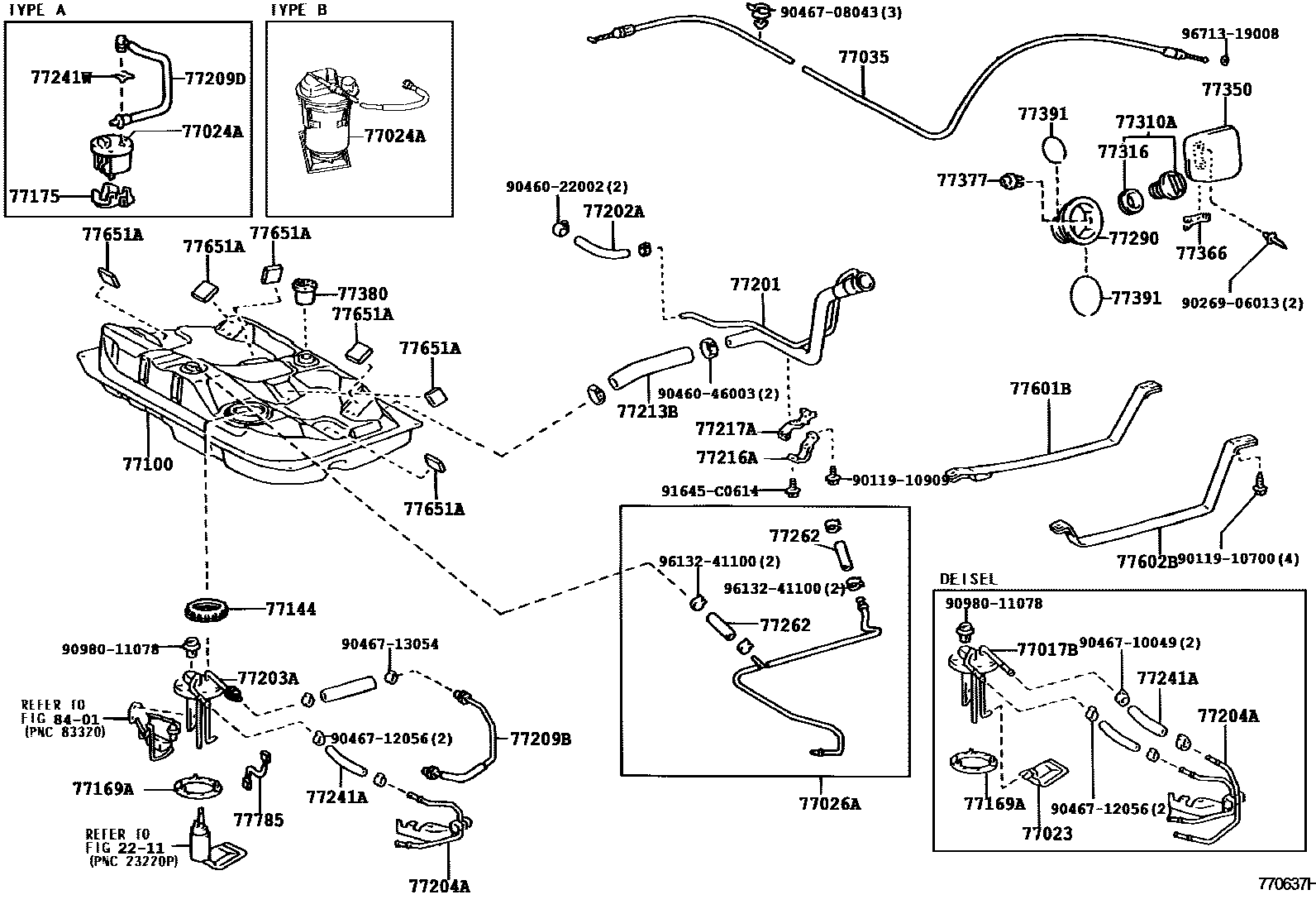 Toyota COROLLA 燃油箱和燃油管 EPC diagram — 770637H