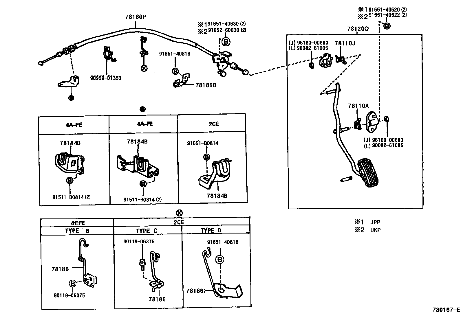 Toyota COROLLA accelerator pedal connecting rod EPC diagram — 780167E