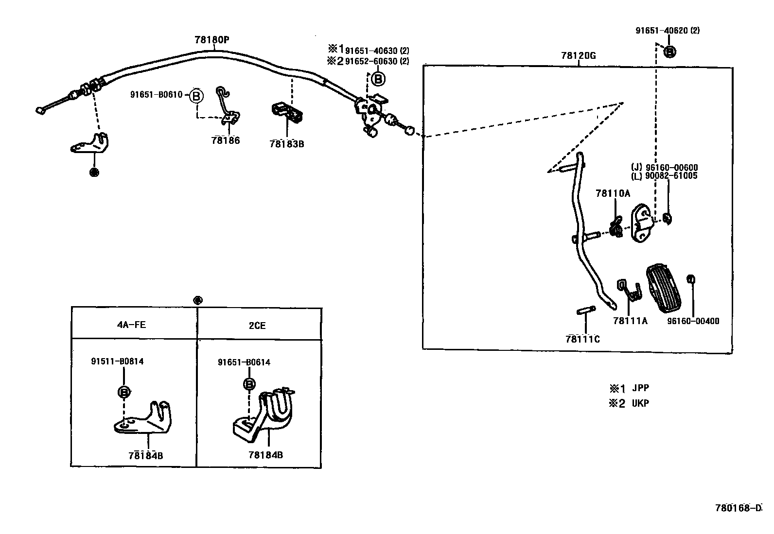 Toyota COROLLA accelerator pedal connecting rod EPC diagram — 780168D