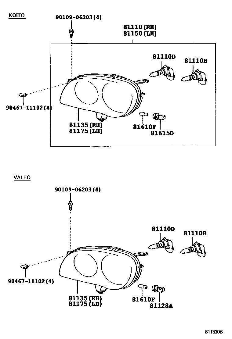 Toyota COROLLA Headlamp EPC diagram — 811330B