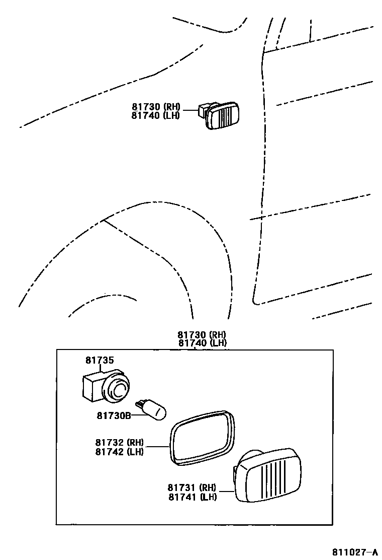 Toyota COROLLA Side Turn Signal & Outer Mirror Lamp EPC diagram — 811027A