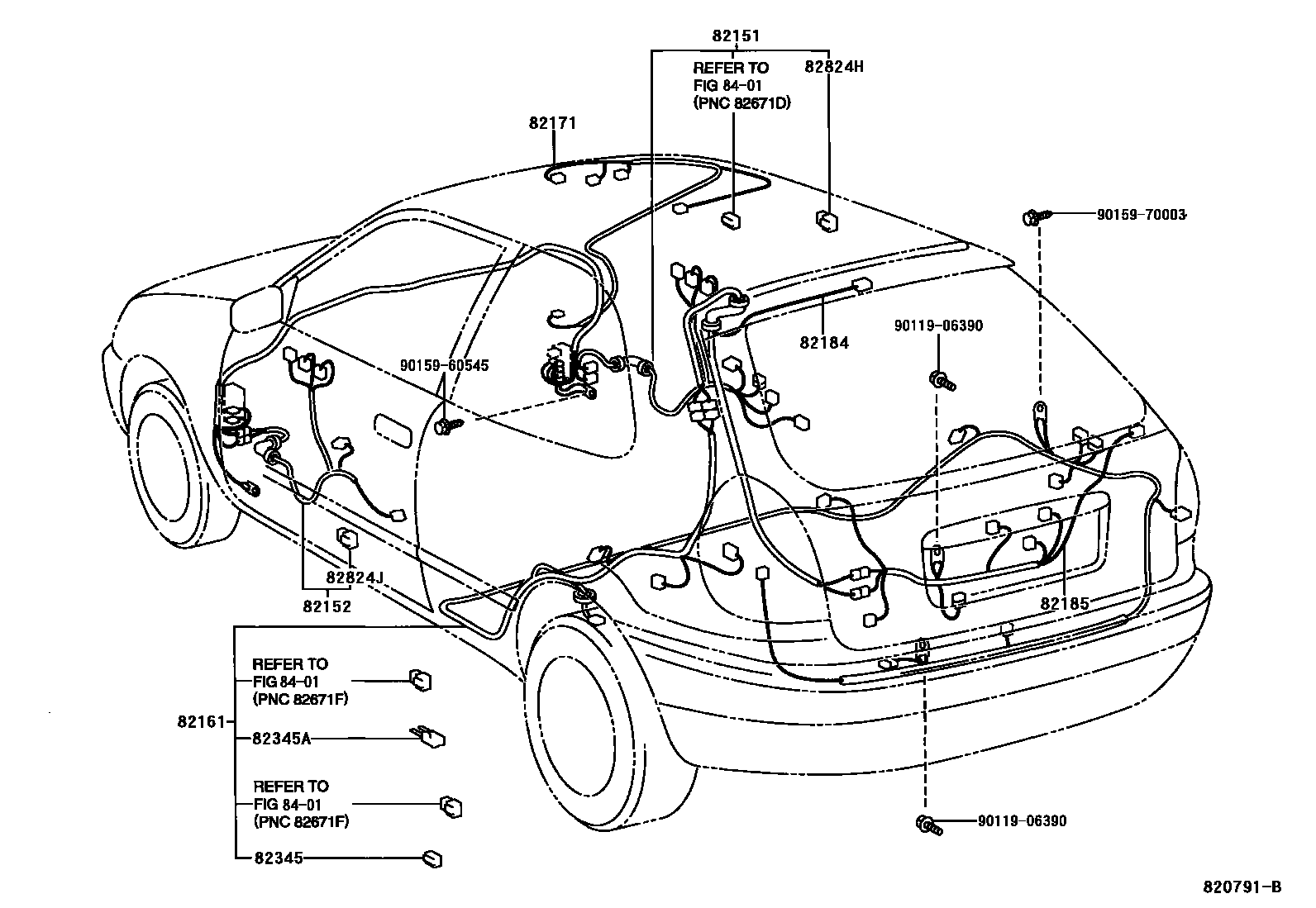 Toyota COROLLA 线束和卡夹 EPC diagram — 820791B
