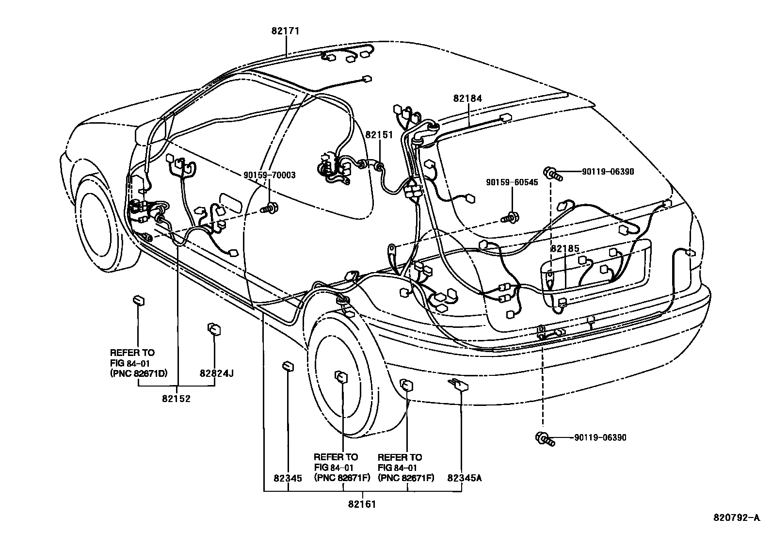 Toyota COROLLA 线束和卡夹 EPC diagram — 820792B