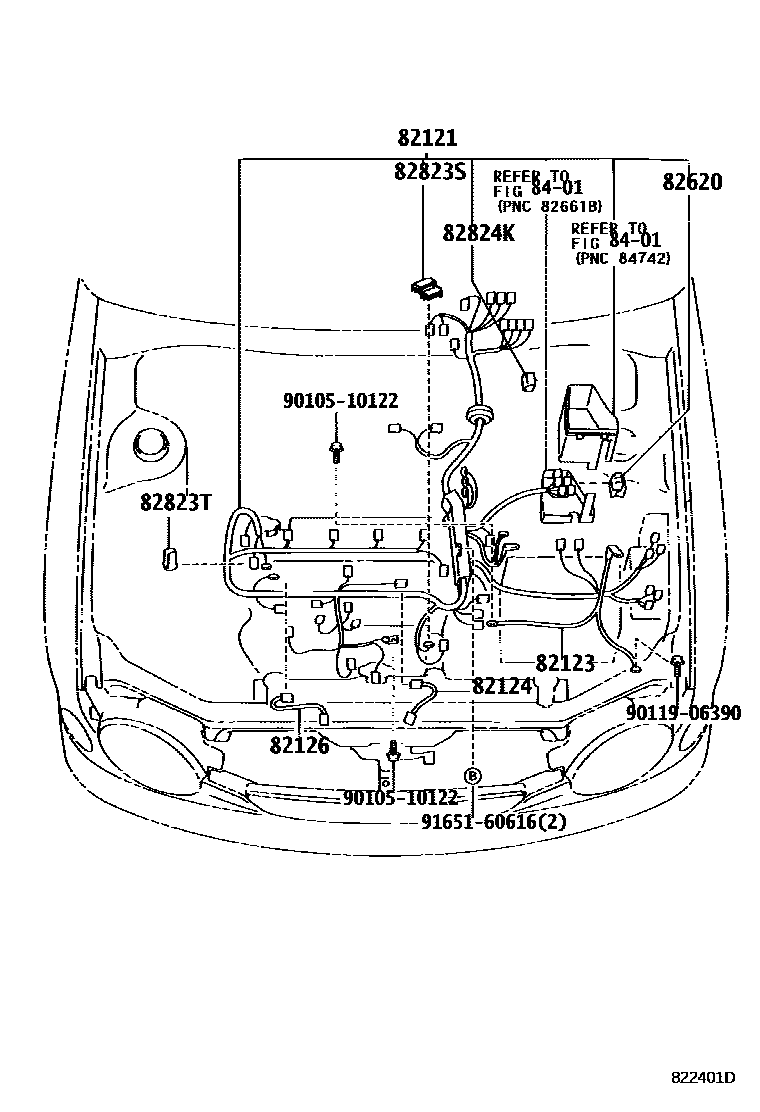 Toyota COROLLA 线束和卡夹 EPC diagram — 822401D