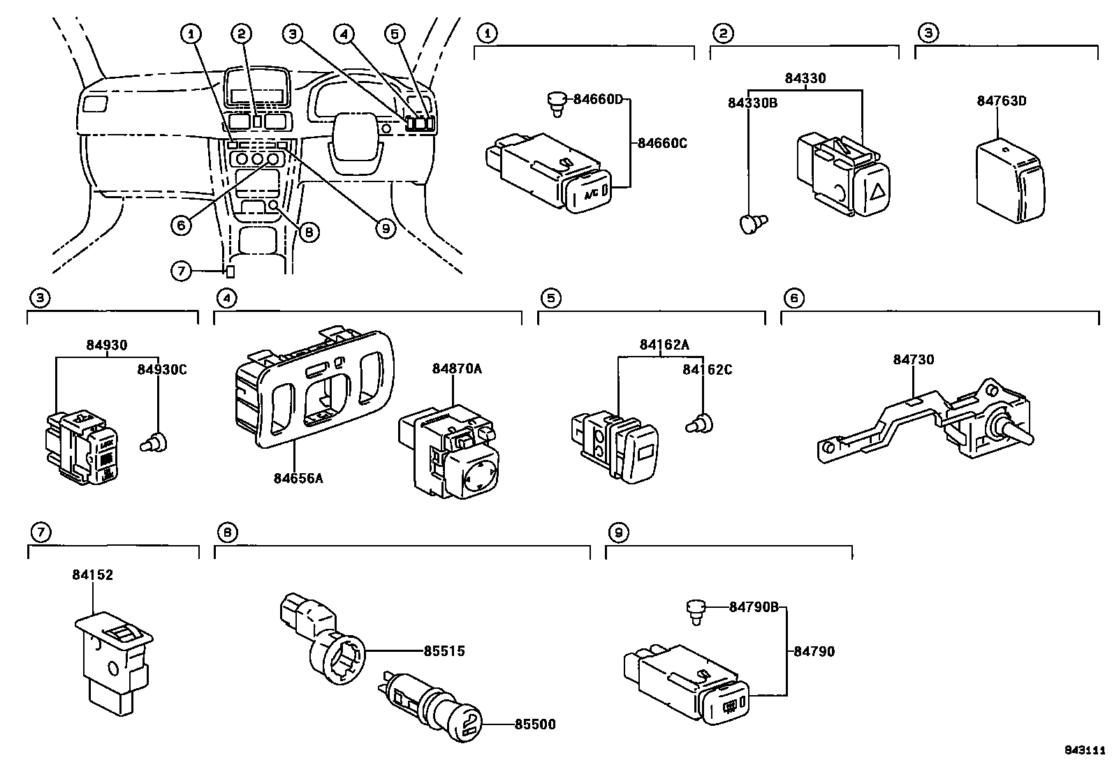 Toyota COROLLA 开关和继电器和ECU EPC diagram — 843111