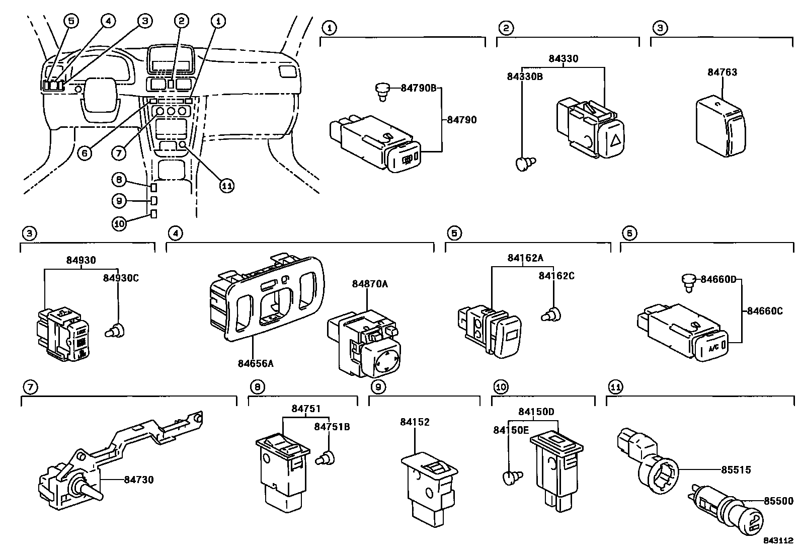 Toyota COROLLA 开关和继电器和ECU EPC diagram — 843112