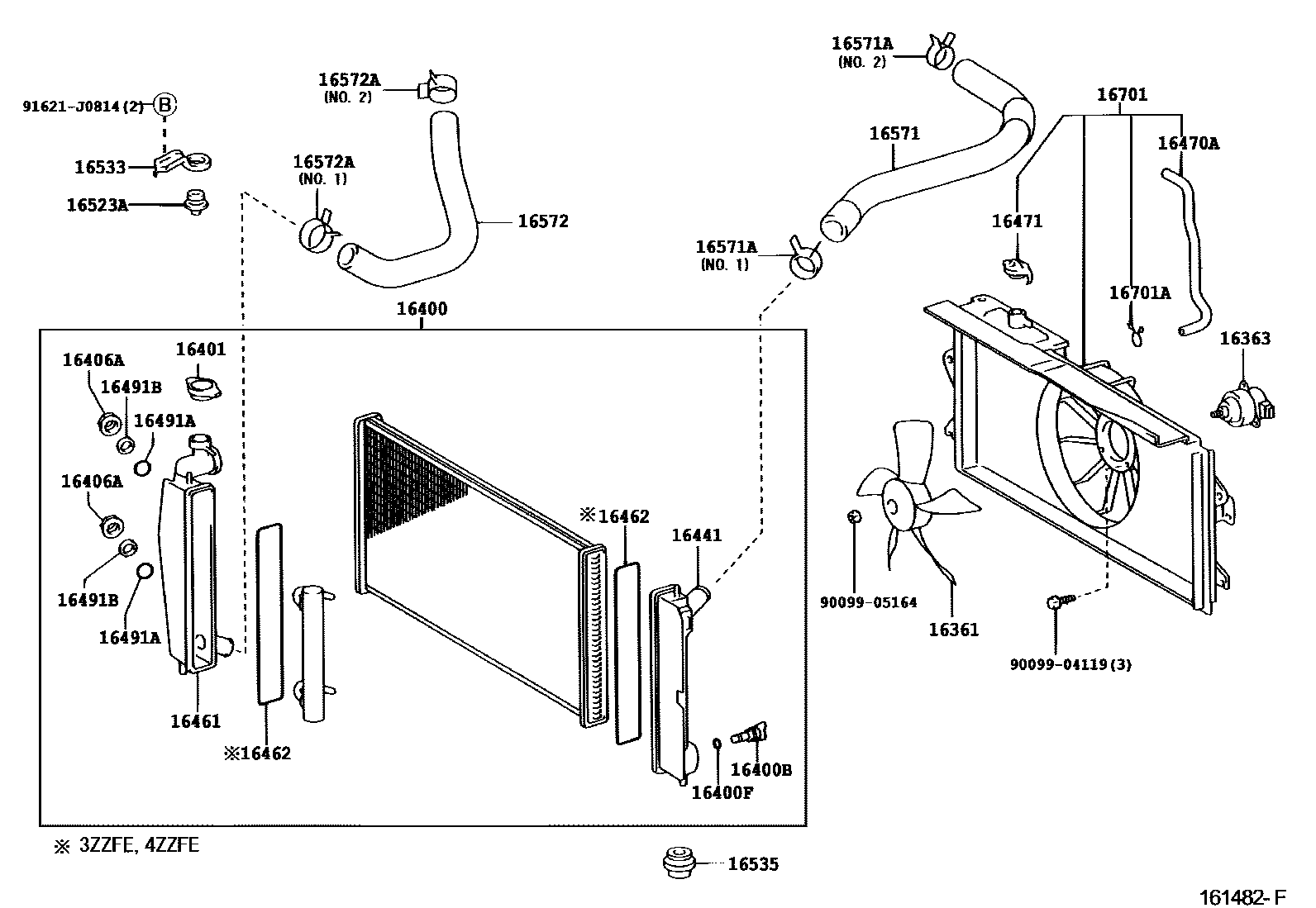 Toyota COROLLA RADIATOR & WATER OUTLET EPC diagram — 161482F