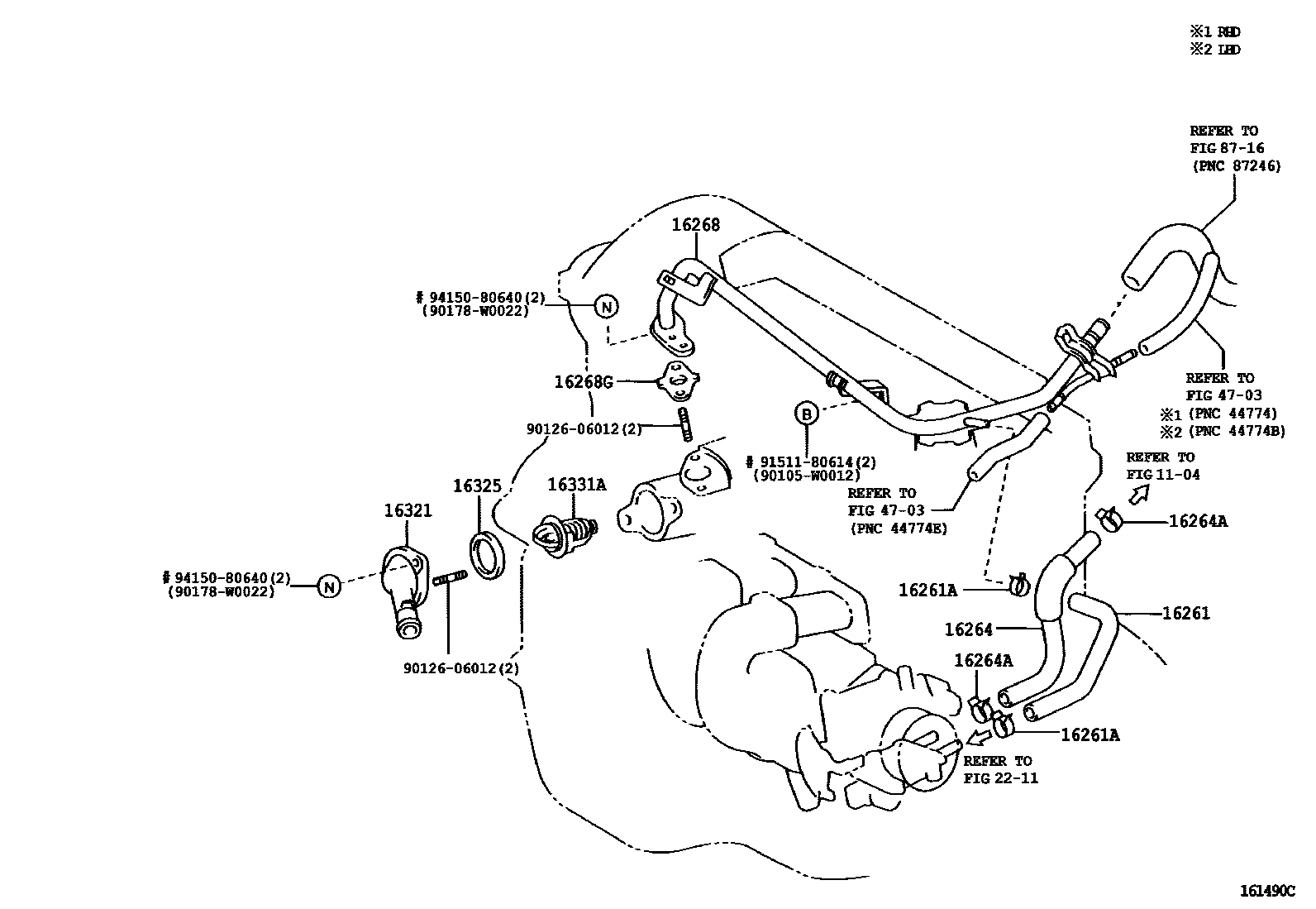 Toyota COROLLA RADIATOR & WATER OUTLET EPC diagram — 161490C