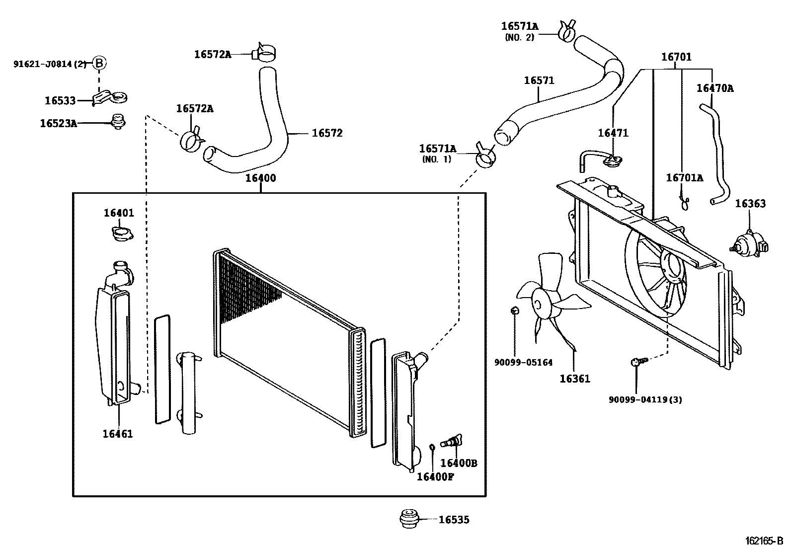 Toyota COROLLA RADIATOR & WATER OUTLET EPC diagram — 162165B