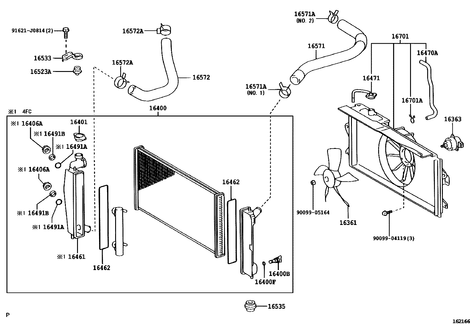 Toyota COROLLA RADIATOR & WATER OUTLET EPC diagram — 162166