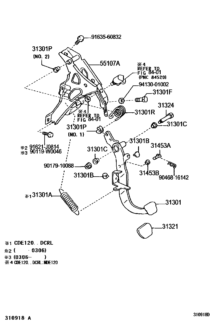 Toyota COROLLA 离合器踏板和挠性软管 EPC diagram — 310918D