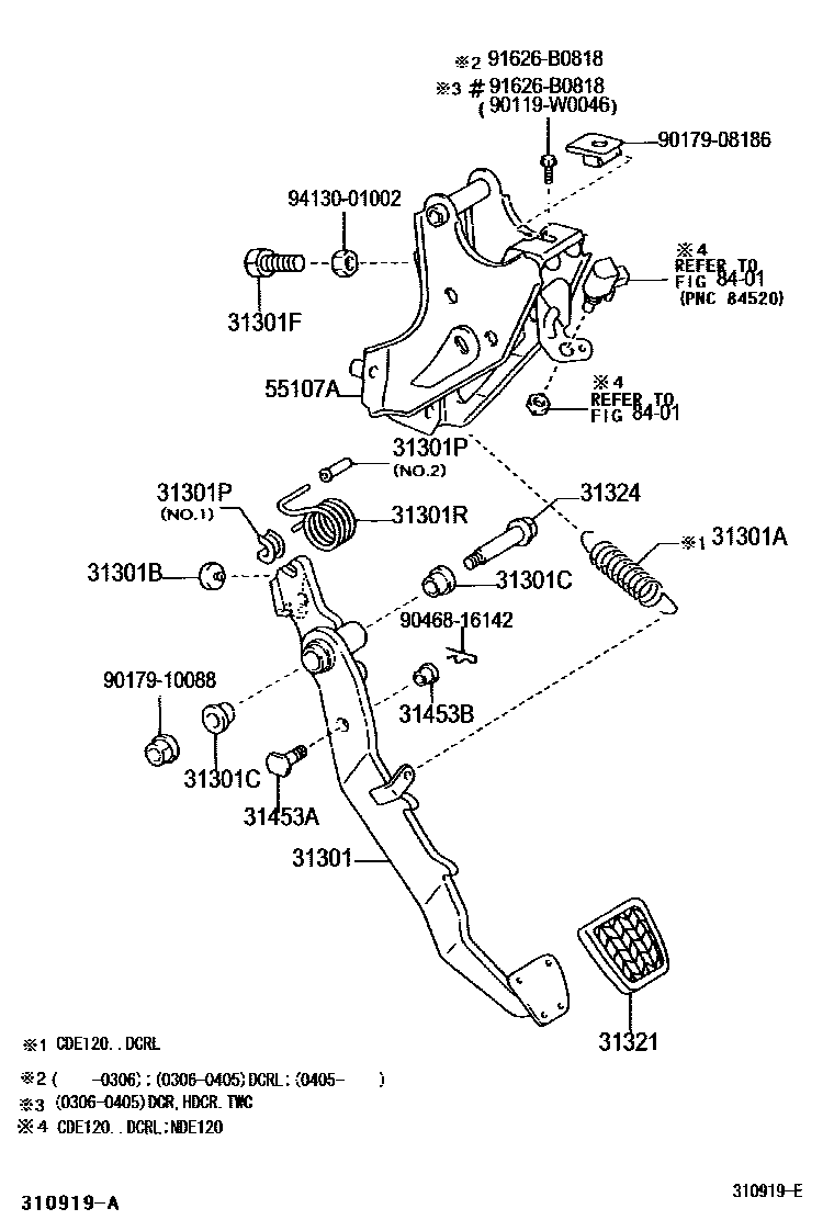 Toyota COROLLA 离合器踏板和挠性软管 EPC diagram — 310919E