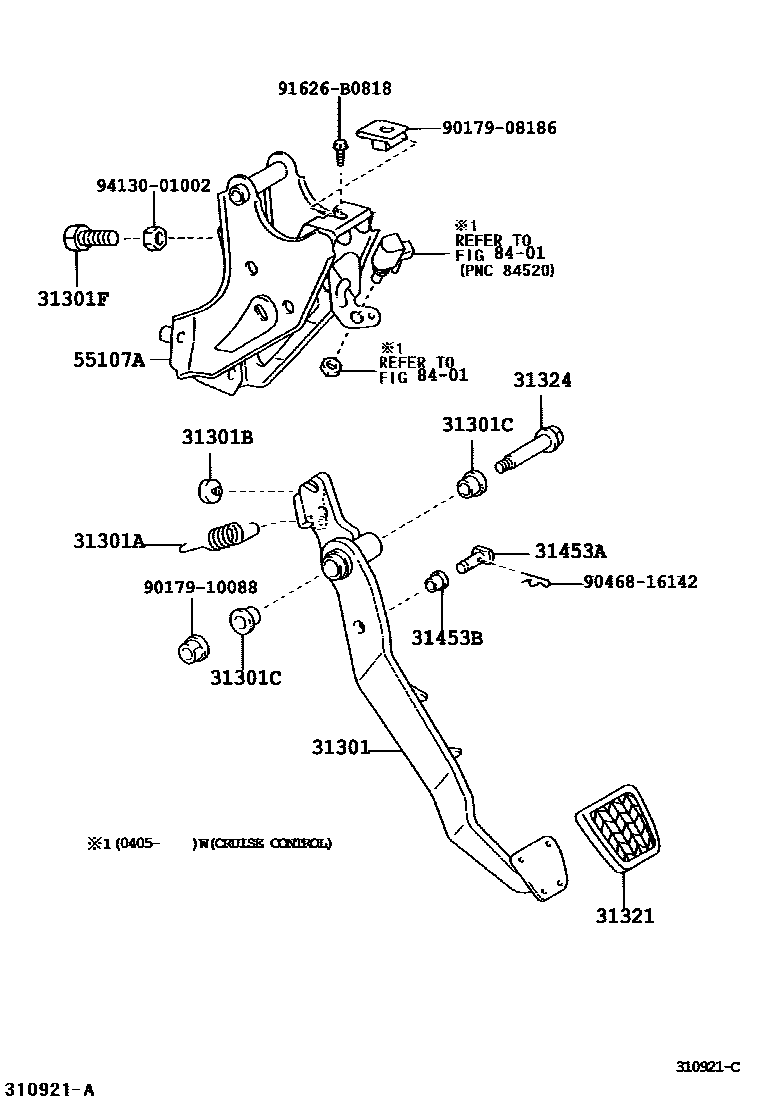 Toyota COROLLA 离合器踏板和挠性软管 EPC diagram — 310921C
