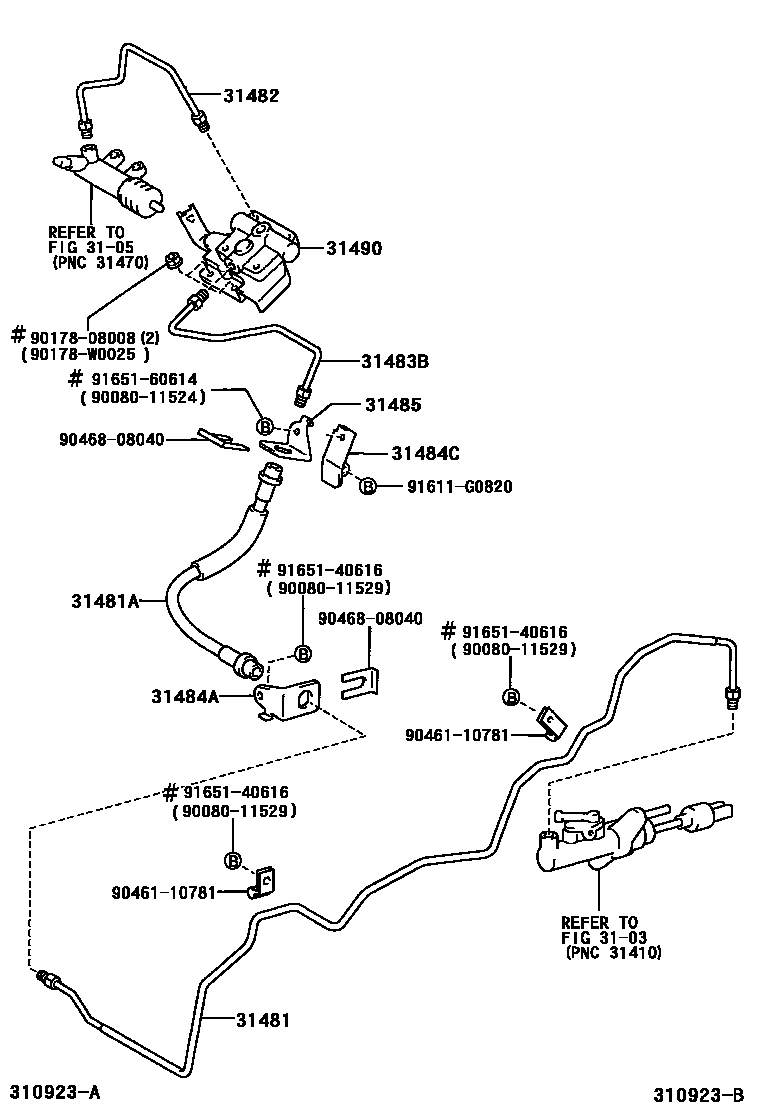 Toyota COROLLA 离合器踏板和挠性软管 EPC diagram — 310923B