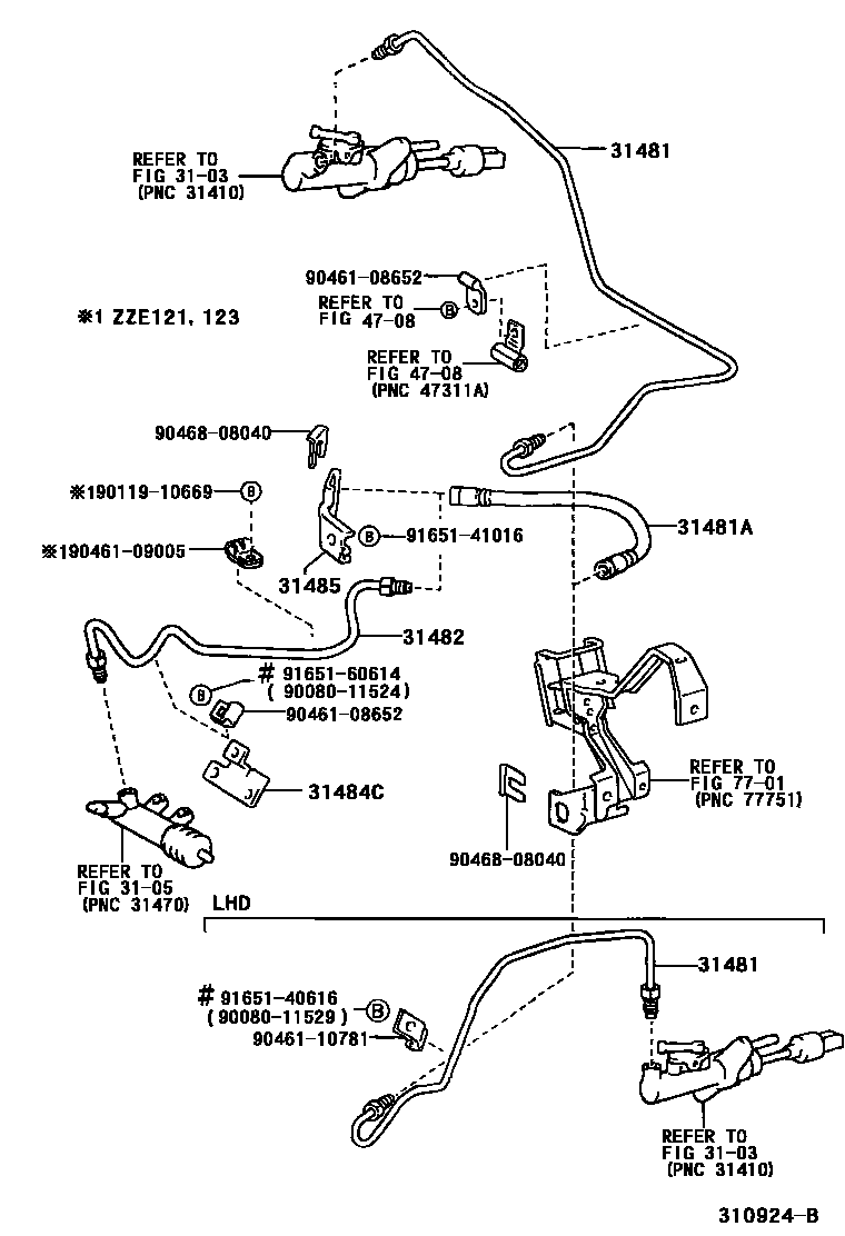 Toyota COROLLA 离合器踏板和挠性软管 EPC diagram — 310924B