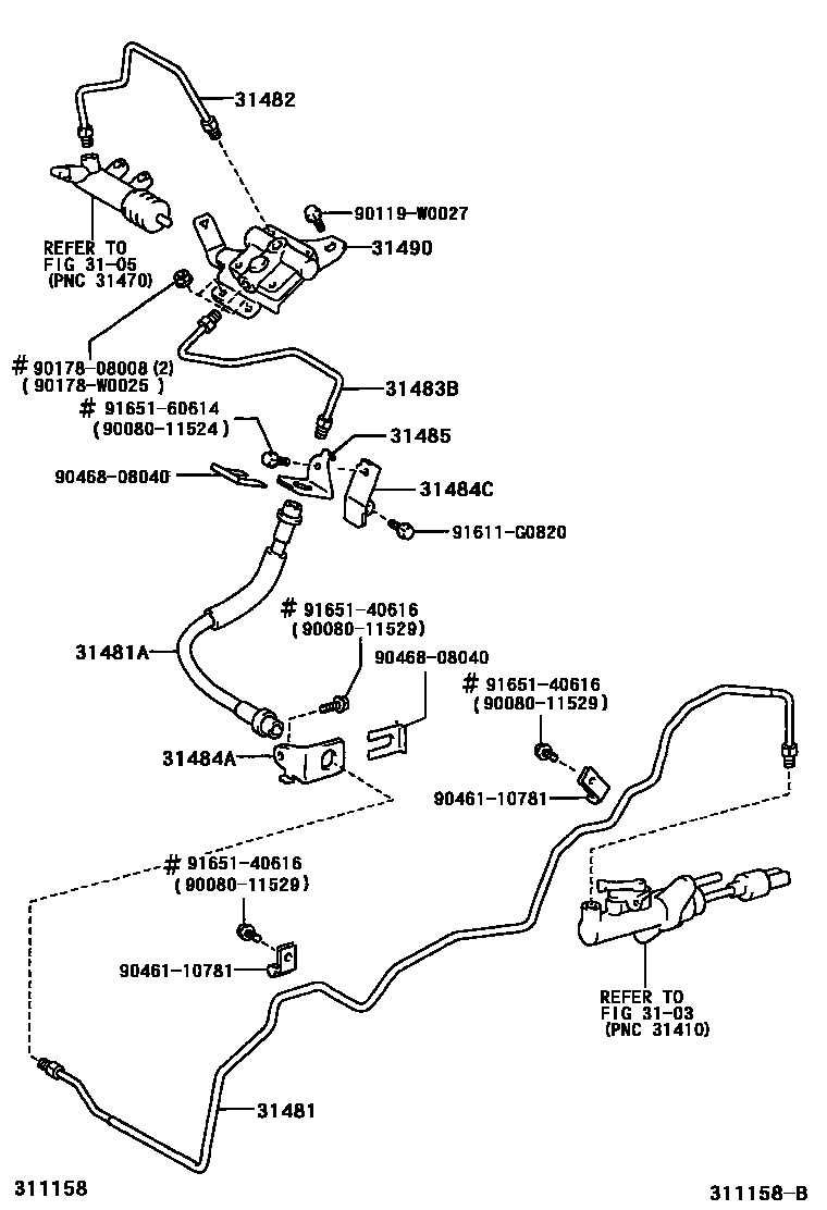 Toyota COROLLA 离合器踏板和挠性软管 EPC diagram — 311158B