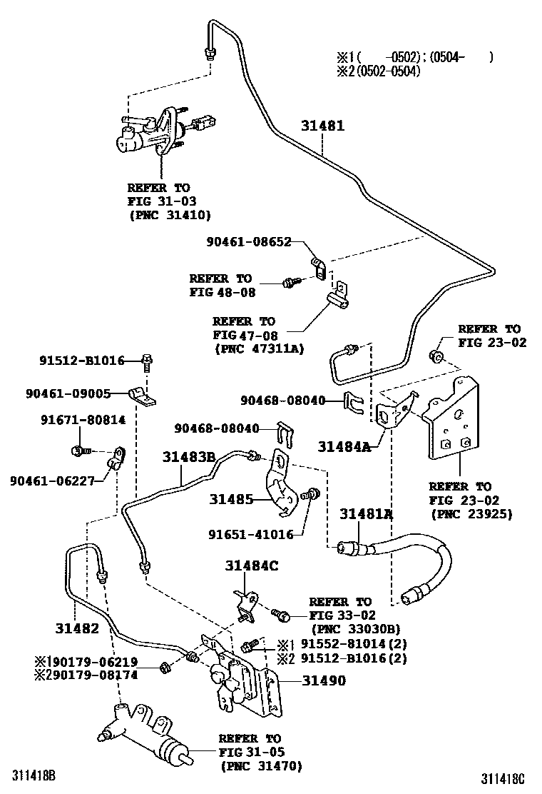 Toyota COROLLA 离合器踏板和挠性软管 EPC diagram — 311418C