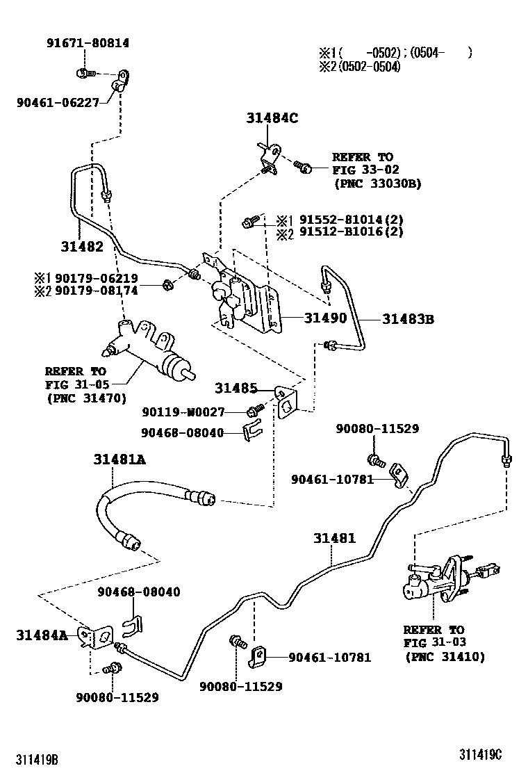 Toyota COROLLA 离合器踏板和挠性软管 EPC diagram — 311419C