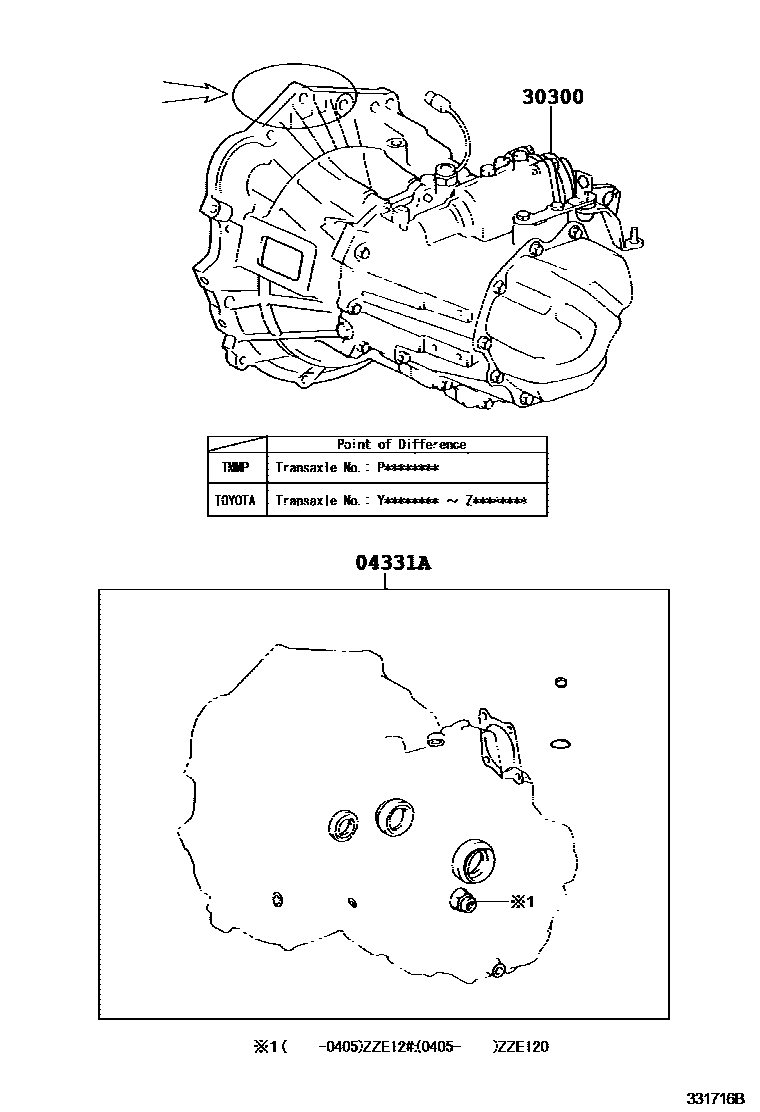 Toyota COROLLA 传动桥或变速器总成和衬垫组件(MTM) EPC diagram — 331716B