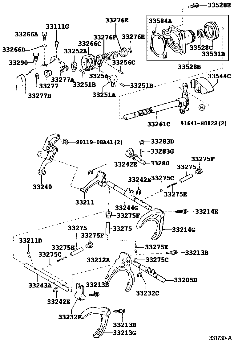 Toyota COROLLA 换档拨叉和换档杆轴(MTM) EPC diagram — 331730A