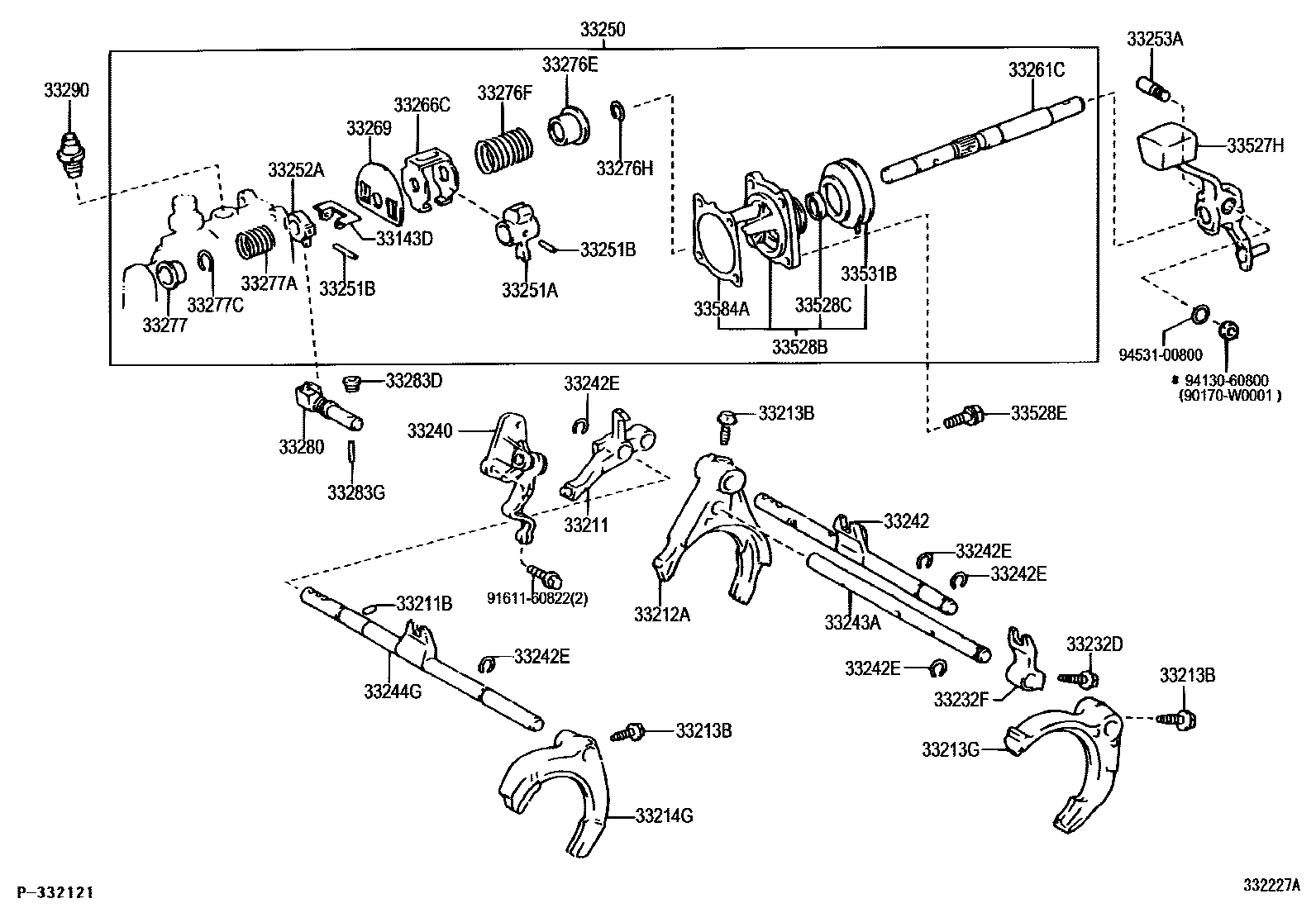 Toyota COROLLA 换档拨叉和换档杆轴(MTM) EPC diagram — 332227A