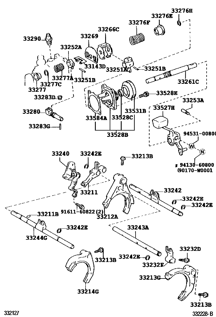 Toyota COROLLA 换档拨叉和换档杆轴(MTM) EPC diagram — 332228B