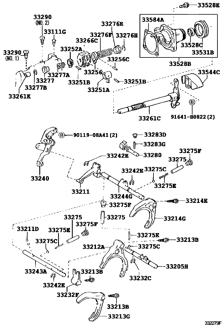 Toyota COROLLA 换档拨叉和换档杆轴(MTM) EPC diagram — 332279F