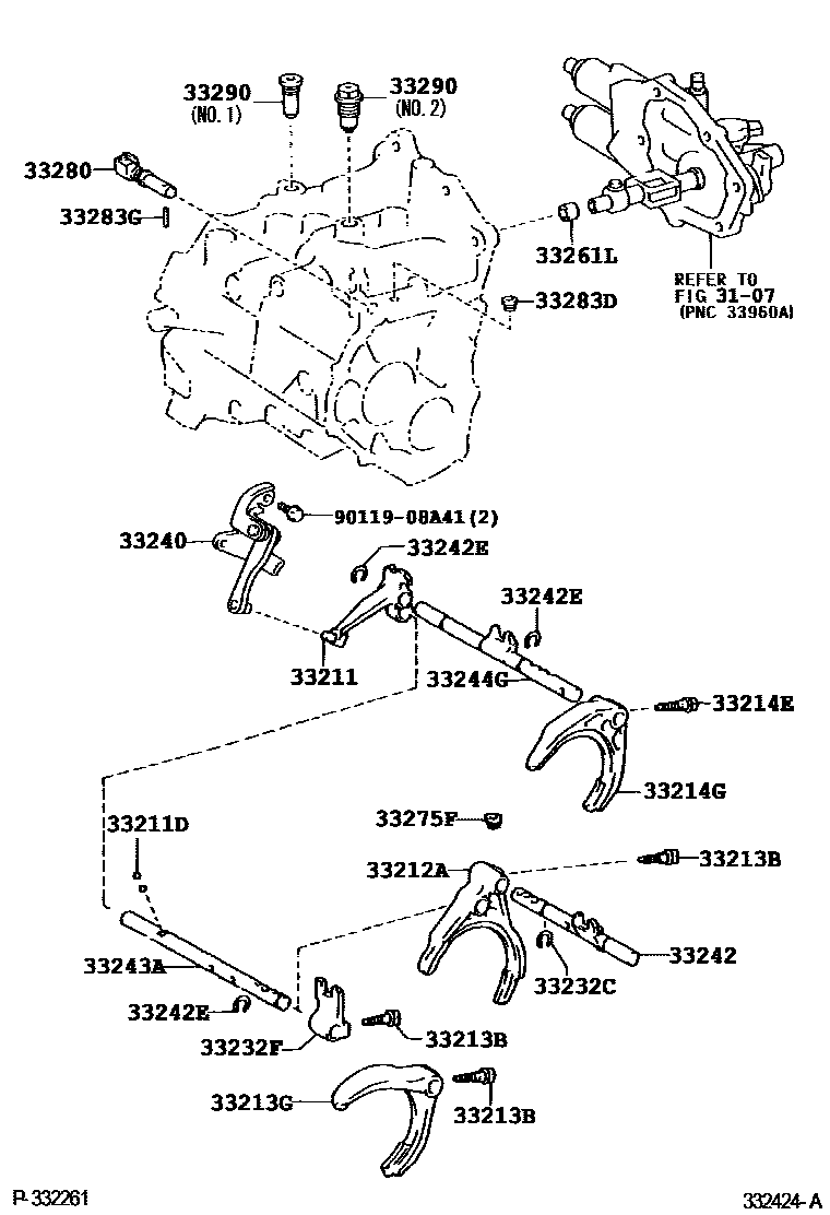 Toyota COROLLA 换档拨叉和换档杆轴(MTM) EPC diagram — 332424A